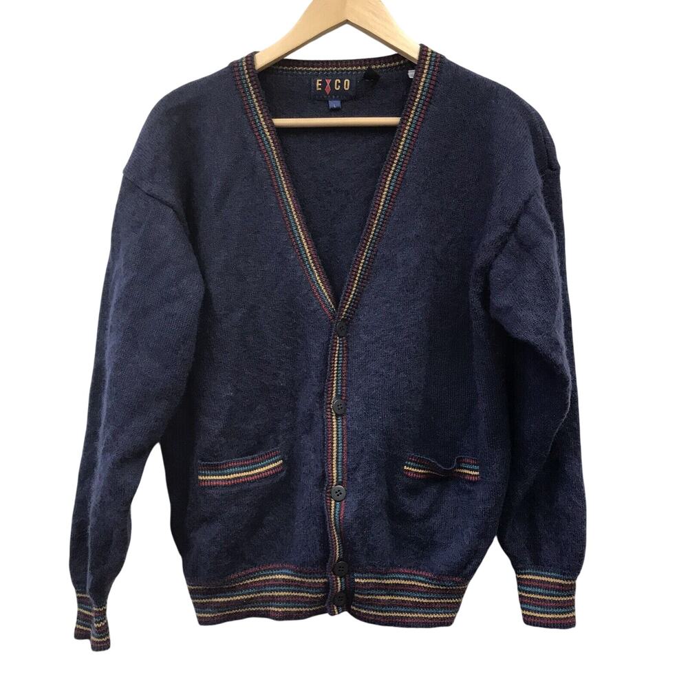 Vintage Sweater Exco Crocodile Mens Large Cardigan Grampa Blue Wool